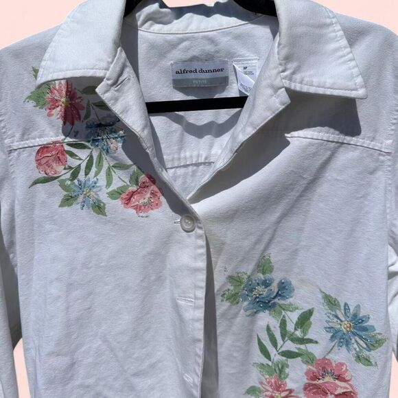 Vintage Alfred Dunner Floral Embroidered Jacket - Size M - White Denim Button Up - Picture 5 of 7